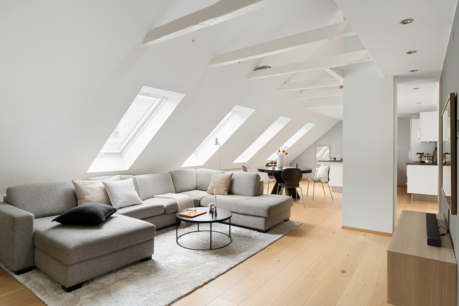 A living room filled with furniture and a skylight
